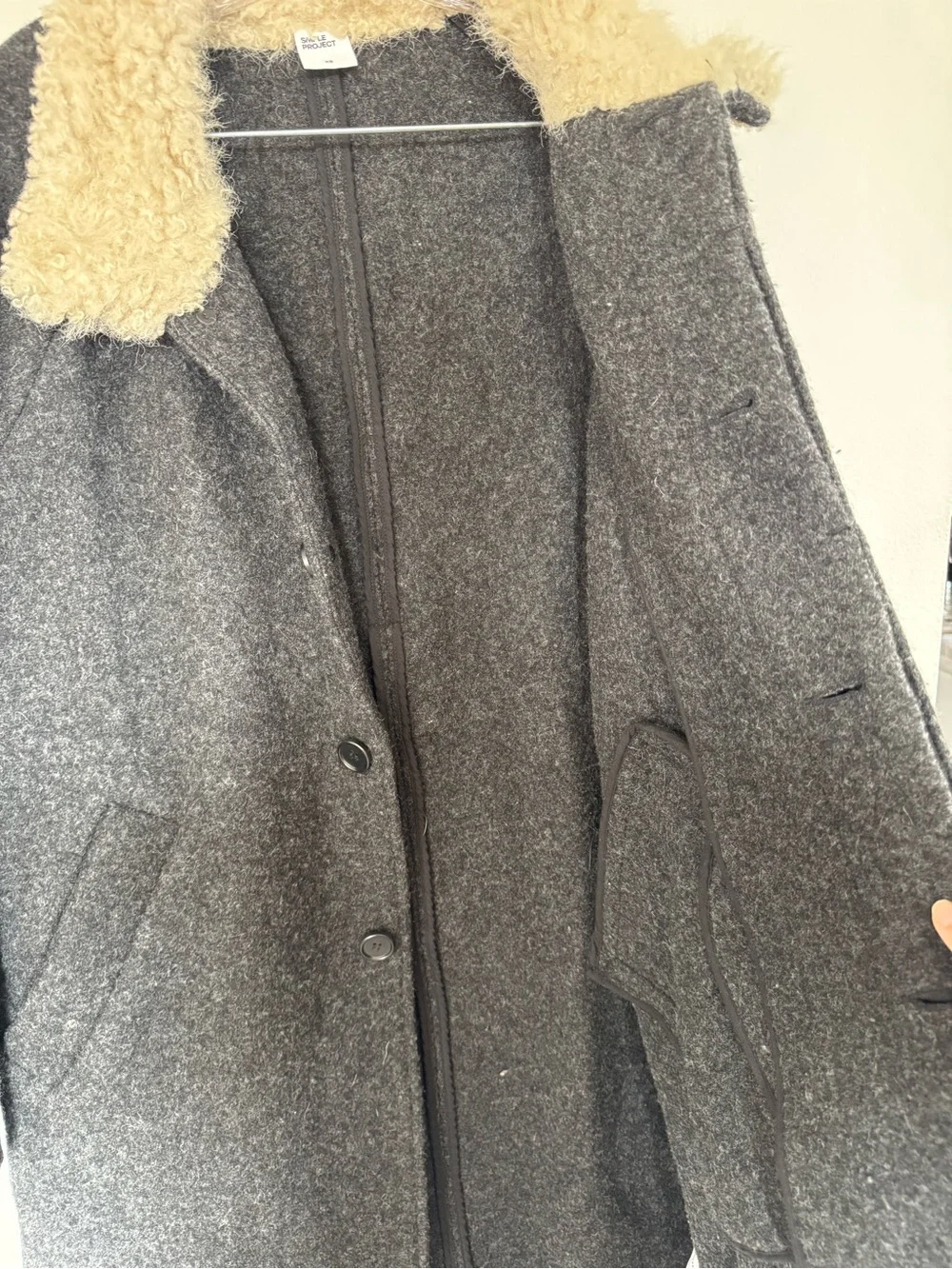 Simple Project 100% Wool Charcoal Coat Cream Shearling Collar XS